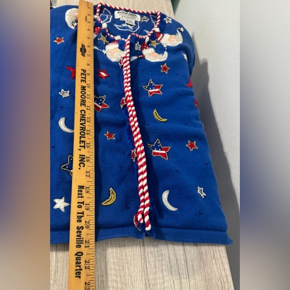 Jack B. Quick Christmas Sweater Cardigan Santa Moon Beading Red White Blue Med P - Picture 5 of 9